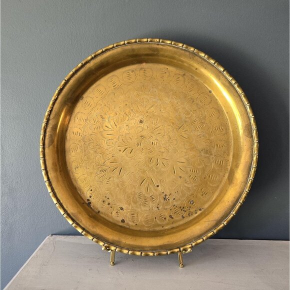 Solid Brass Etched Tray with Floral Engravings Large Shallow Decorative Platter - Picture 2 of 10